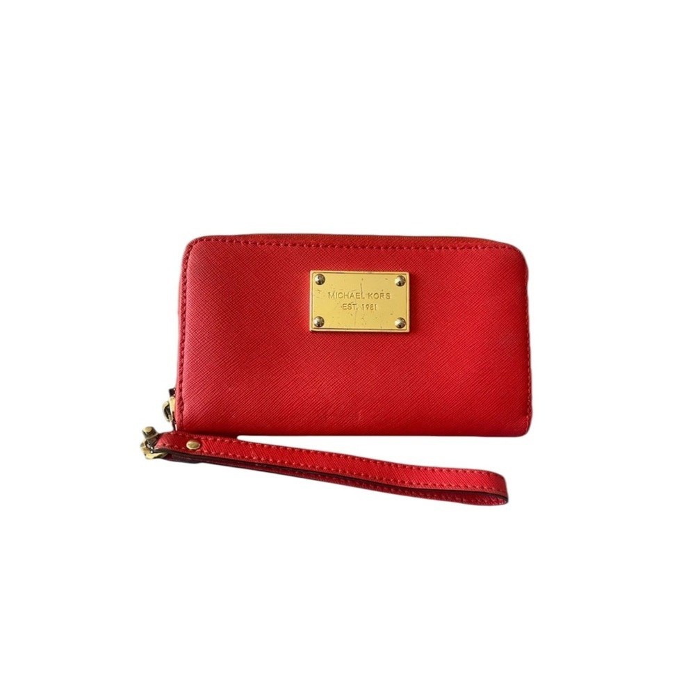 Michael Kors Saffiano Wristlet Clutch Wallet Orange Red Zip Around Carry All